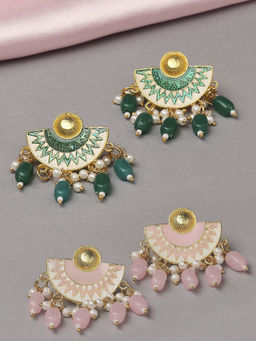 OOMPH - Combo Of 2 Pink and Green Meenakari Enamel Chandbali Earrings