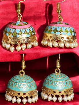 OOMPH - Combo Of 2 Pink and Mint Green Meenakari Jhumki Earrings