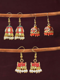 OOMPH - Combo Of 3 Red Meenakari Kundan and Pearls Ethnic Jhumki Earrings