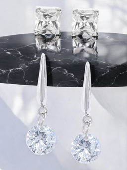 OOMPH - Combo Of 2 Delicate Silver Tone Square and Round Stud and Drop Earrings
