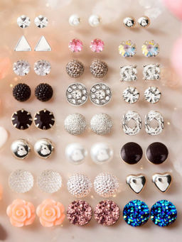 OOMPH - Combo Of 24 Crystal and Pearl Delicate Small Ear Stud Earrings