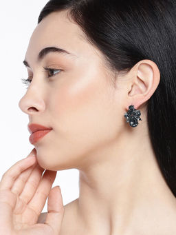 OOMPH - Black Floral Crystal Fashion Ear Drop Earrings
