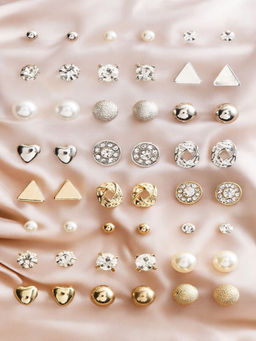 OOMPH - Combo Of 24 Gold and Silver Tone Crystal and Pearl Office-Wear Stud Earrings
