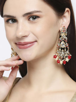 OOMPH - Red Meenakari and Kundan Pearls Long Ethnic Floral Drop Earrings