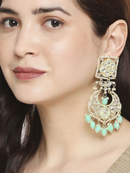 OOMPH - Green Kundan and Pearls Floral Ethnic Drop Earring