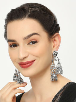 OOMPH - Oxidised Silver Jhumka Earrings Mirror Kundan Work