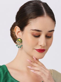 OOMPH - Kundan and Beads Studded Green and Yellow Meenakari Drop Earrings