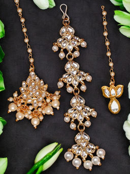 OOMPH - Combo Of 3 Gold Tone Kundan and Pearls Floral Wedding Delicate Maangtikka