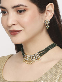 OOMPH - Green Beads and Kundan Multi Layer Ethnic Choker Necklace with Earrings