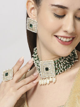 OOMPH - Green Beads, Kundan and Pearls Choker Necklace with Earrings and Ring
