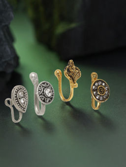 OOMPH - Combo Of 4 Antique Gold and Oxidised Stones and Pearls Ethnic Nose Ring
