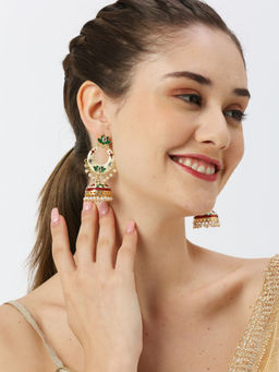 OOMPH - White Meenakari Kundan and Beads Chandbali Earrings
