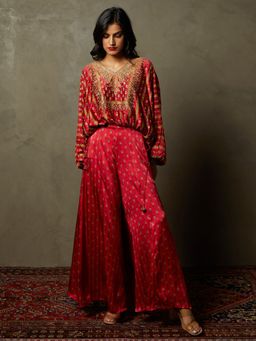 RI.Ritu Kumar - Red Noor Embroidered Top and Palazzo Ensemble (Set of 2)