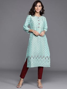 Libas - Blue Chanderi Silk Printed Straight Kurta