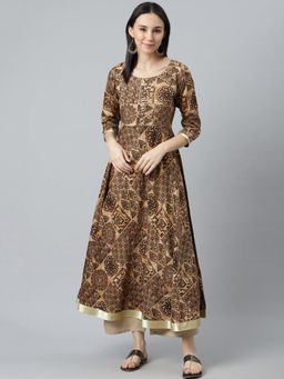 Libas - Beige Silk Printed Anarkali Kurta