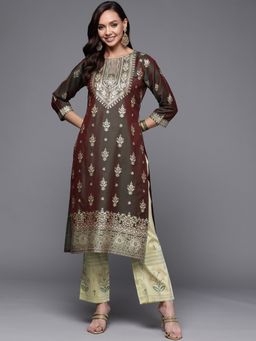 Libas - Olive Silk All-Over Floral Print Kurta