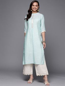 Libas - Blue Geometric Print Silk Straight Kurta