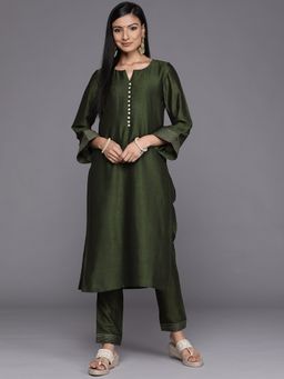 Libas - Green Silk Blend Solid Straight Kurta