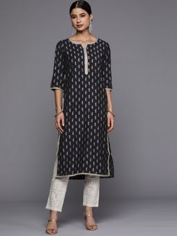 Libas - Navy Blue Silk Blend Printed Straight Kurta