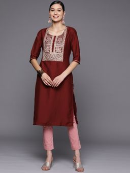 Libas - Maroon Yoke Designed Silk Blend Straight Kurta