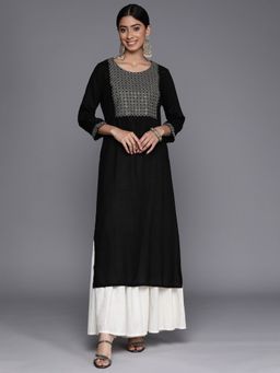 Libas - Black Viscose Rayon Embroidered Yoke Design Straight Kurta