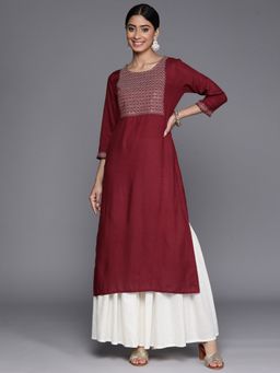 Libas - Maroon Viscose Rayon Embroidered Yoke Design Straight Kurta
