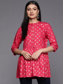 Libas - Pink Viscose Rayon Ethnic Motif Printed with Potli Buttons Detail Flared Kurti