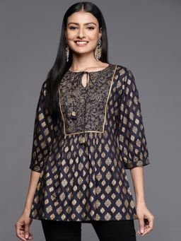 Libas - Navy Blue Viscose Rayon Printed with Gota Patti Detail Kurti