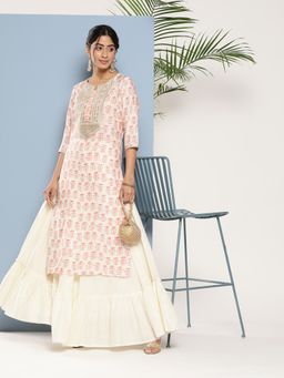 Libas - White Silk Blend Zari & Printed Straight Kurta