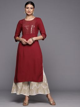Libas - Maroon Viscose Rayon Sequins Yoke Design Straight Kurta