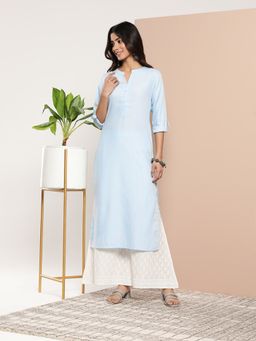 Libas - Blue Cotton Blend Self Design Round Notch Neck Detail Straight Kurta