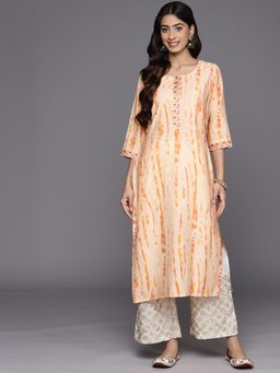 Libas - Orange Silk Blend Scalloped Lace Detail Straight Kurta