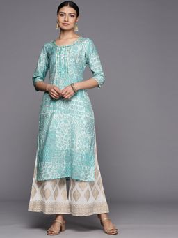 Libas - Blue Silk Blend Embroidered Yoke Design Straight Kurta