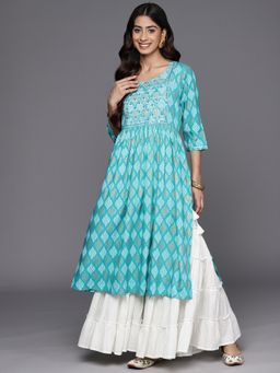 Libas - Turquoise Viscose Rayon Printed High-Slit A-Line Kurta