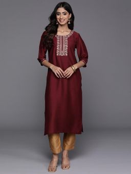 Libas - Maroon Silk Blend Solid Straight Kurta