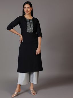 Libas - Black Viscose Rayon Embellished Straight Kurta