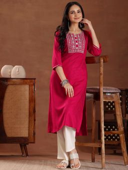 Libas - Pink Floral Yoke Design Viscose Rayon Kurta with Pocket