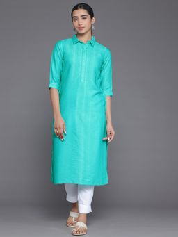 Libas - Blue Cotton Blend Self Design One Side Pocket Detail Kurta