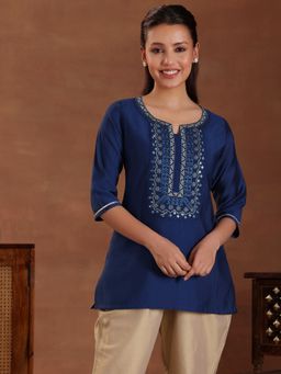 Libas - Blue Silk Blend Yoke Design Straight Kurti
