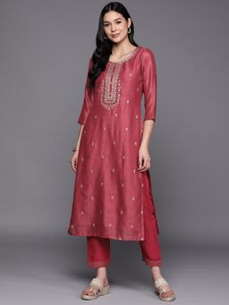 Libas - Pink Silk Blend Zari Embroidered Yoke Design Straight Kurta