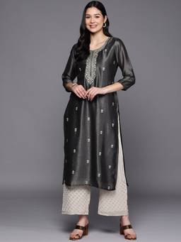 Libas - Grey Silk Blend Zari Embroidered Yoke Design Straight Kurta