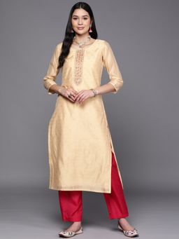 Libas - Beige Chanderi Silk Self Design with Zari Work Straight Kurta