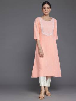 Libas - Peach Floral Yoke Embroidered Woven Design Straight Kurta