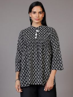Libas - Black Floral Printed Pleated Cotton Kurti with Tassels