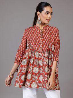 Libas - Rust Floral Printed Pleated Kurti with Tassels