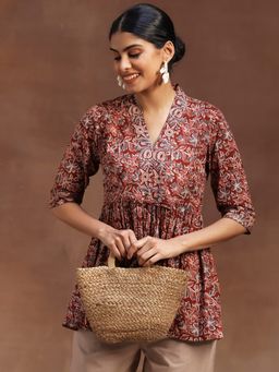 Libas - Rust Floral Printed Plated A-Line Kurti with Attached Waistbelt