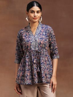 Libas - Navy Blue Floral Printed Plated A-Line Kurti with Attached Waistbelt
