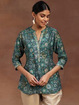 Libas - Green Floral Printed A-Line Kurti with Pintuck Detail