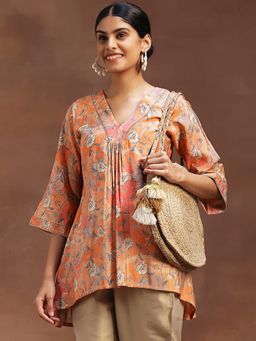 Libas - Peach Floral Printed A-Line Kurti with Pleated Style & Lace On Neck