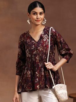 Libas - Burgundy Floral Printed A-Line Kurti with Pleated Style